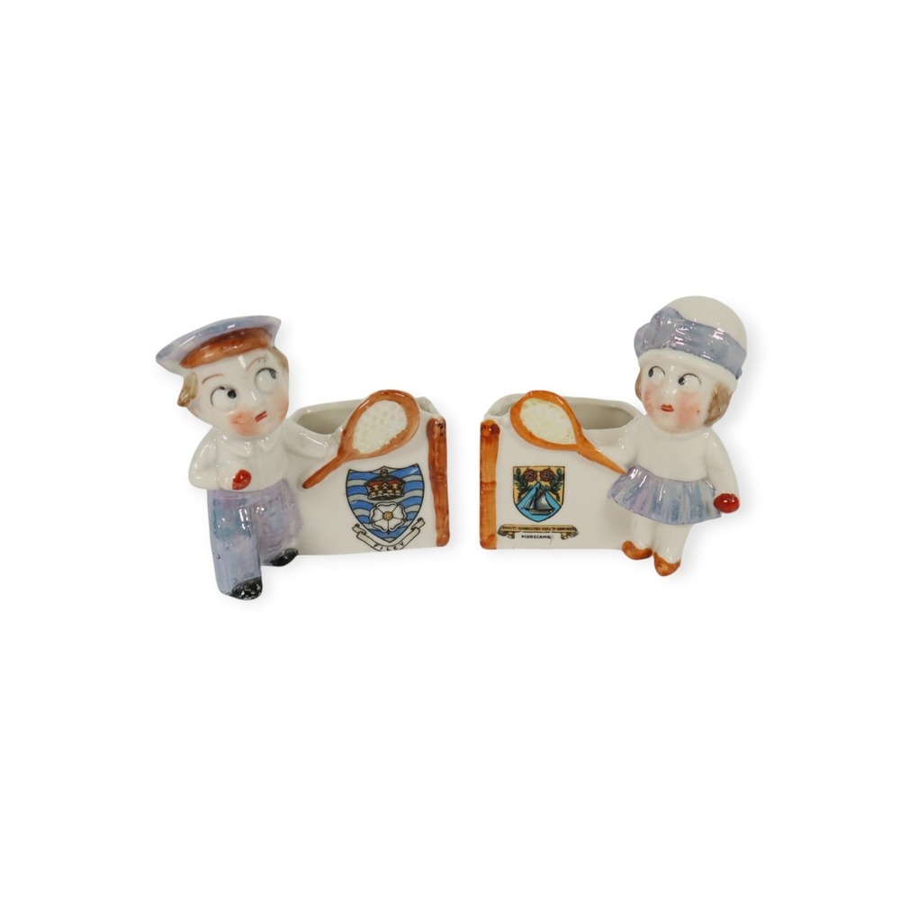 Antique German Porcelain Deco Googly Eye Tennis Figurines Toothpick Match Holder - Picture 2 of 10